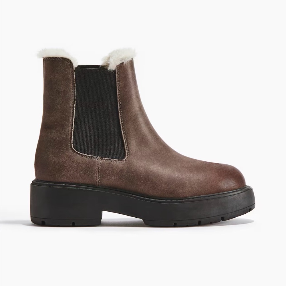 H&M Brown Chelsea Ankle Boots with Faux Fir Trim